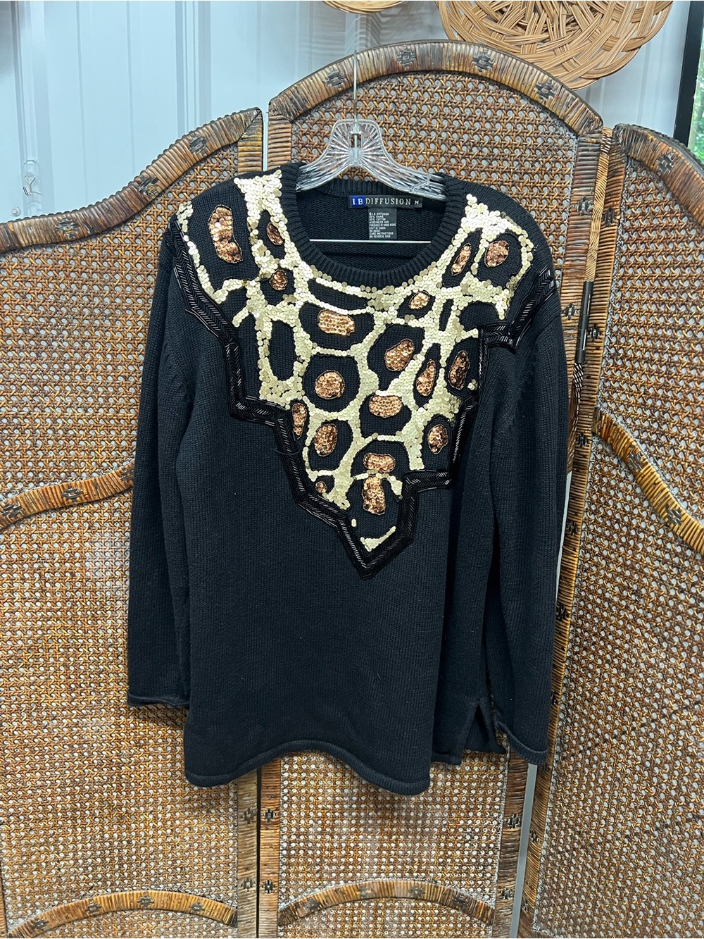 IB Diffusion sweater black sequined animal print medium